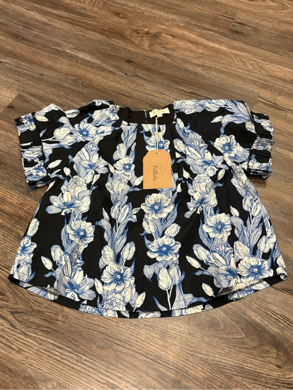 Listicle Black Blouse with Blue & White Floral Print